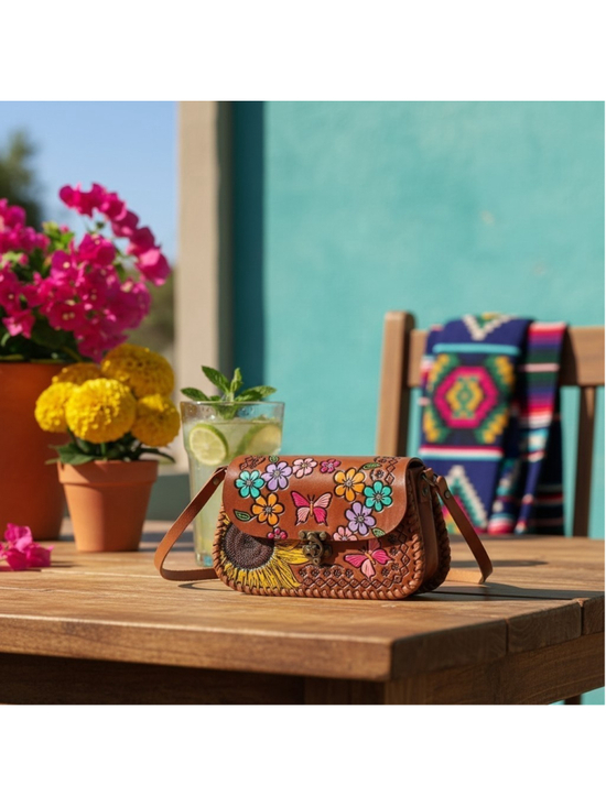 Handmade Handbags - Butterfly Sunflower Brown Embossed Tooled Artisan LEATHER Crossbody Purse Bag